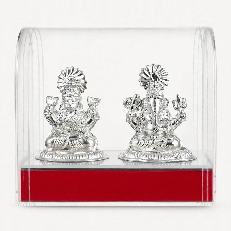 Silver Lakshmi & Ganesh Idol Set — Seated