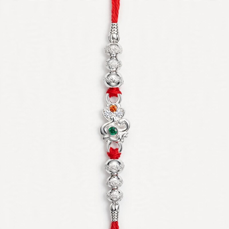 Silver Bead & Scroll Motif Rakhi