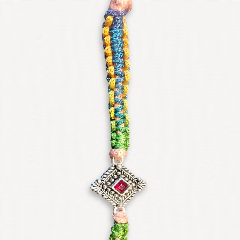 Oxidised Silver Rhombus Rakhi on Multicolour Thread