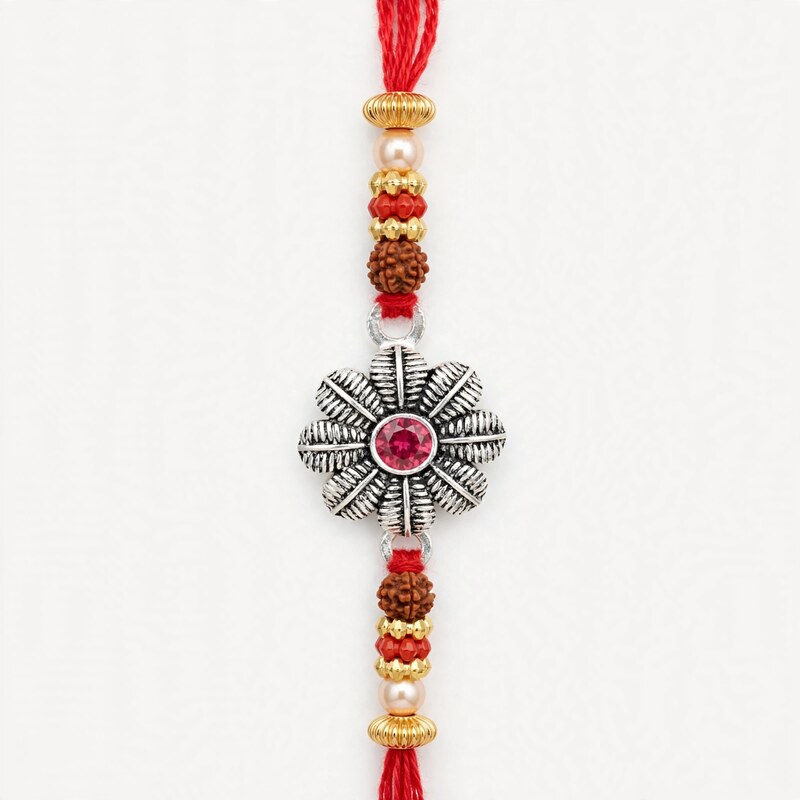 Oxidised Silver Flower Rakhi with Rudraksha & Pearl