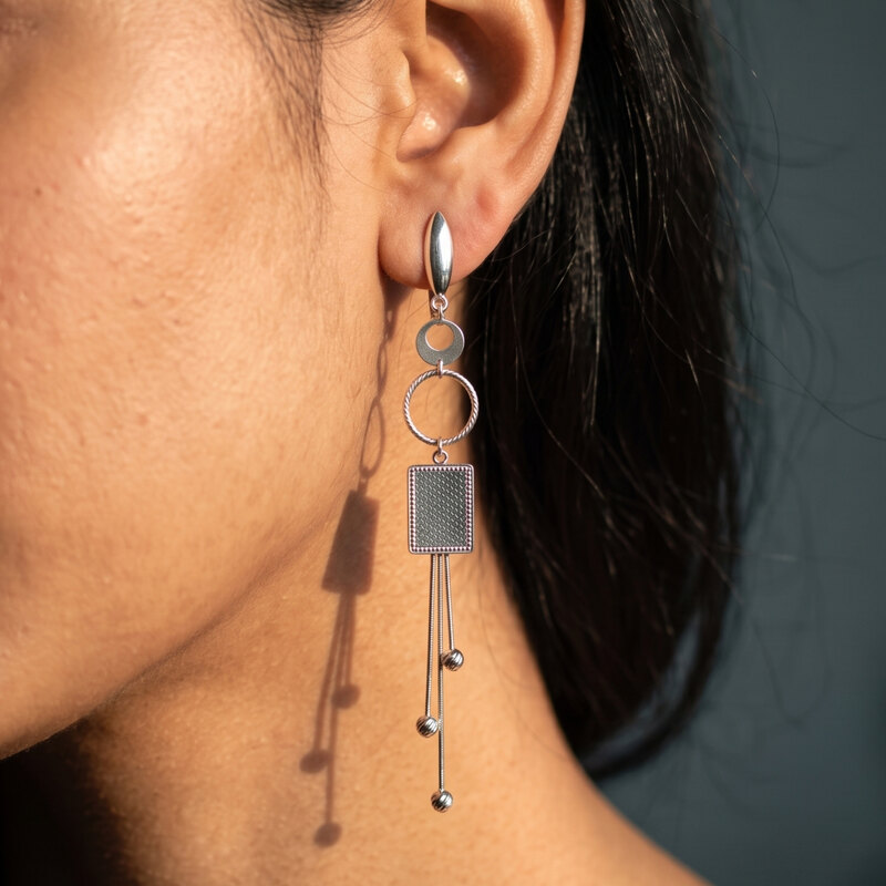 Oxidised Silver Geometric Drop Earrings