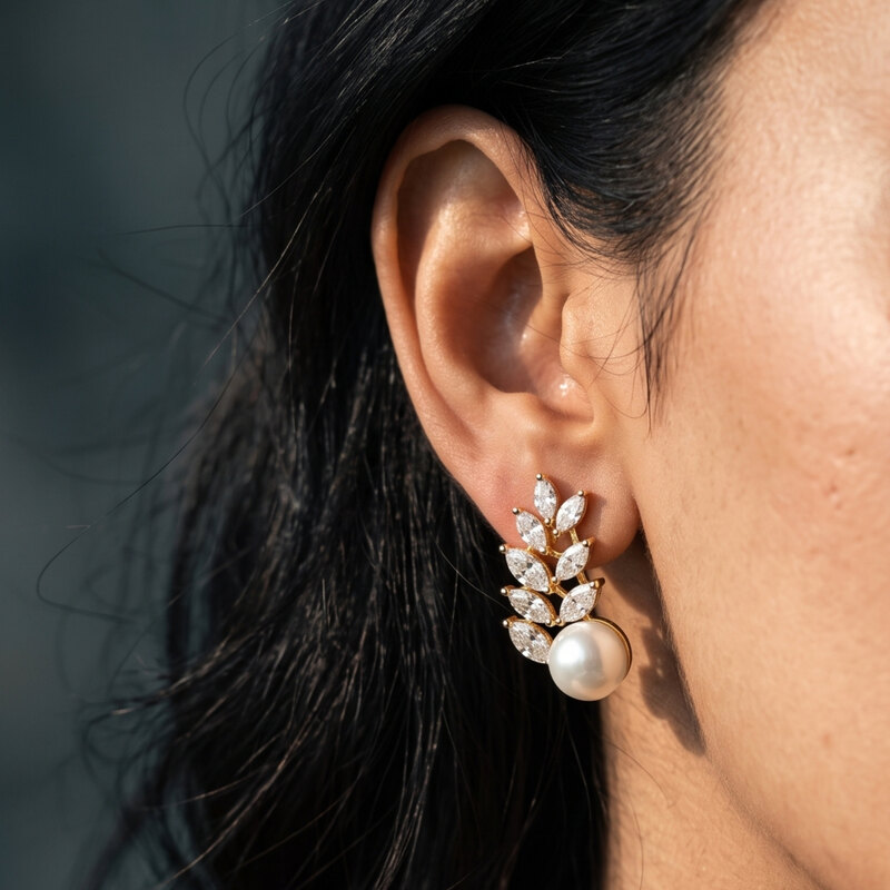 Pearl & Leaf Stud Earrings