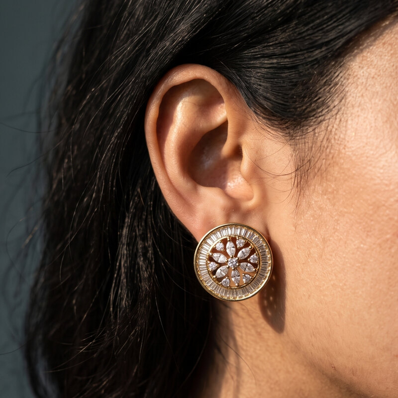 Round Baguette Halo Studs