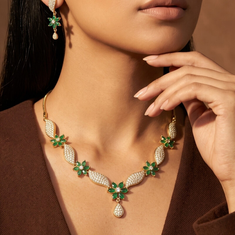 Green Stone Floral Necklace Set