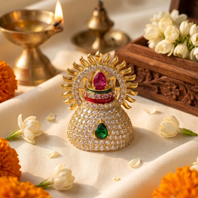 Gold-Tone Deity Mukut with Pink Centre