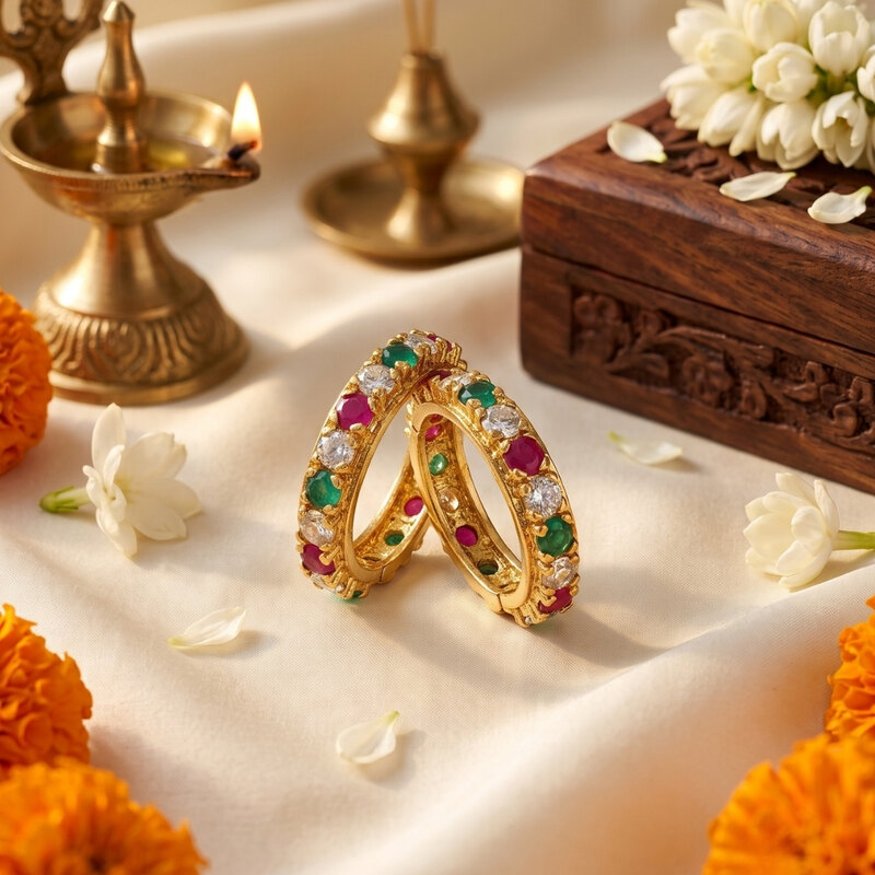Gold-Tone Bangle with Green & Red Stones